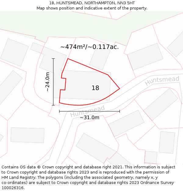 18, HUNTSMEAD, NORTHAMPTON, NN3 5HT: Plot and title map