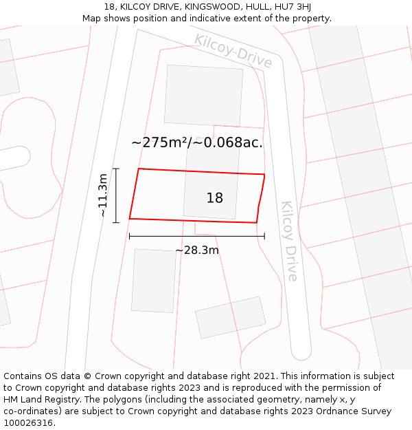 18, KILCOY DRIVE, KINGSWOOD, HULL, HU7 3HJ: Plot and title map