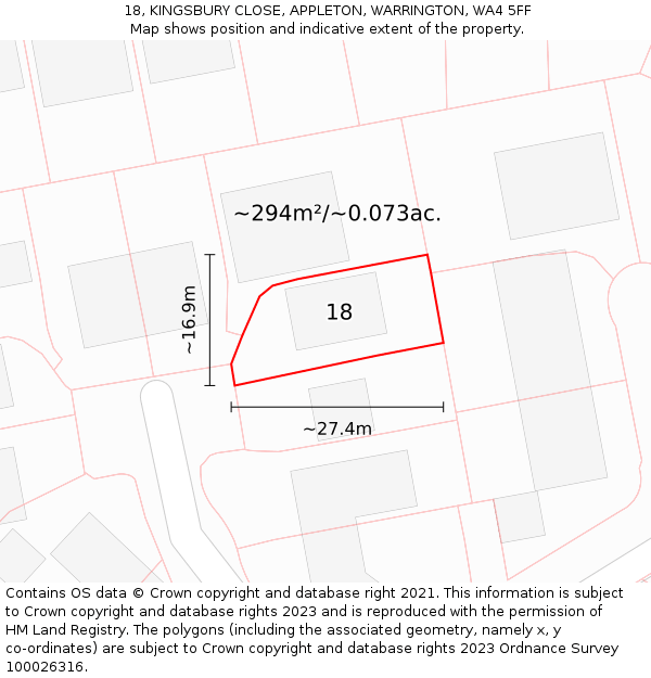 18, KINGSBURY CLOSE, APPLETON, WARRINGTON, WA4 5FF: Plot and title map