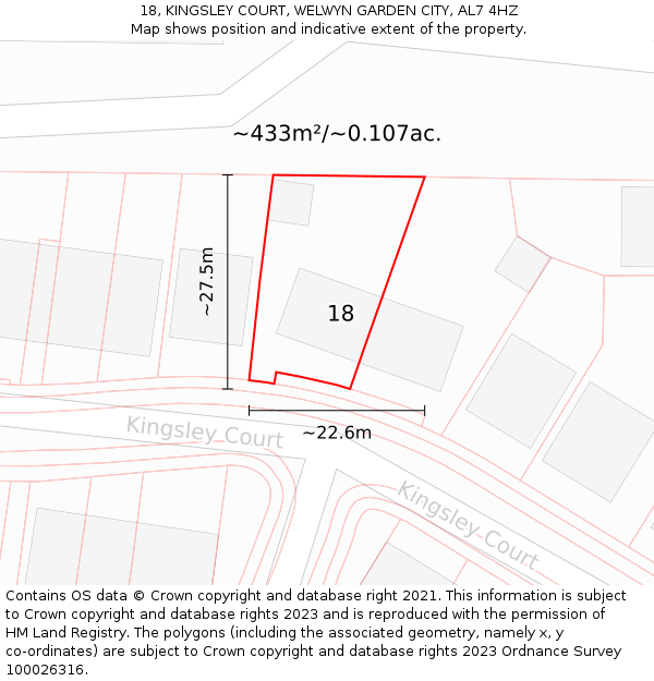 18, KINGSLEY COURT, WELWYN GARDEN CITY, AL7 4HZ: Plot and title map