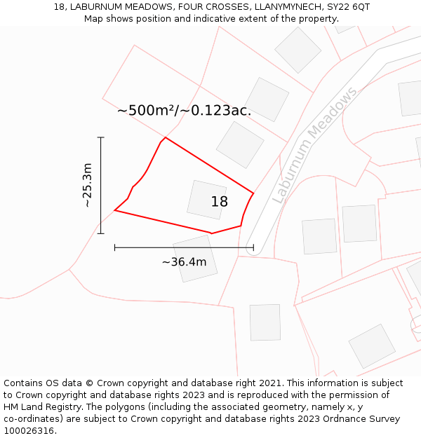 18, LABURNUM MEADOWS, FOUR CROSSES, LLANYMYNECH, SY22 6QT: Plot and title map