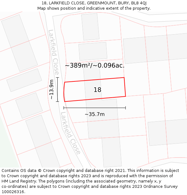 18, LARKFIELD CLOSE, GREENMOUNT, BURY, BL8 4QJ: Plot and title map