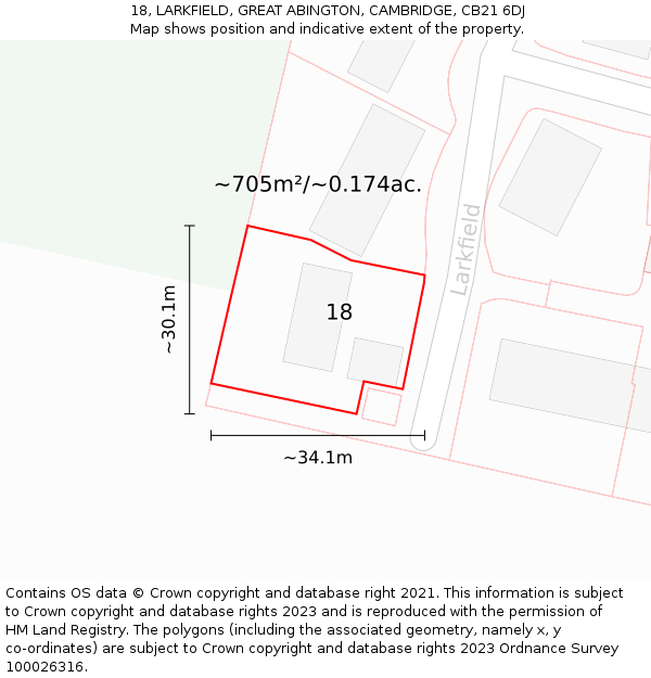 18, LARKFIELD, GREAT ABINGTON, CAMBRIDGE, CB21 6DJ: Plot and title map