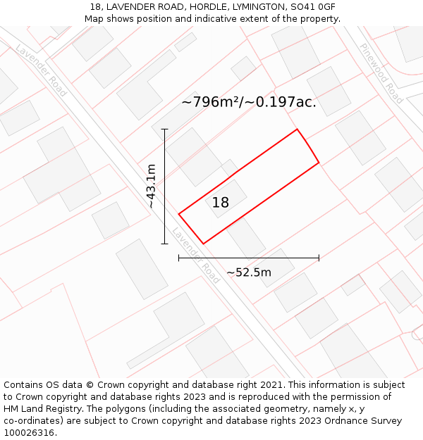 18, LAVENDER ROAD, HORDLE, LYMINGTON, SO41 0GF: Plot and title map