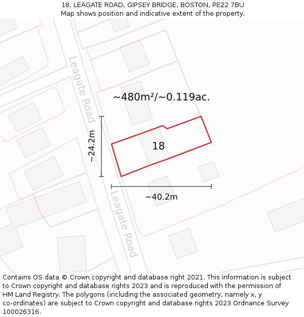 18, LEAGATE ROAD, GIPSEY BRIDGE, BOSTON, PE22 7BU: Plot and title map