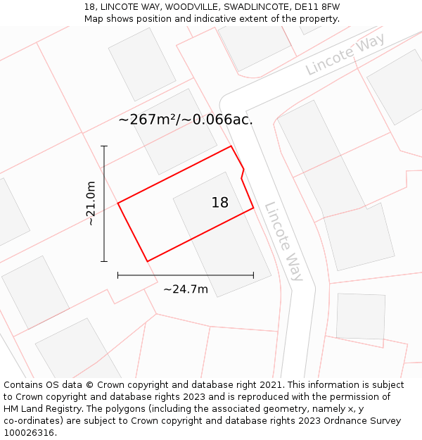 18, LINCOTE WAY, WOODVILLE, SWADLINCOTE, DE11 8FW: Plot and title map