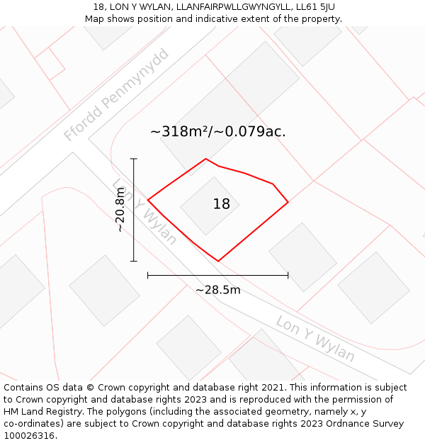 18, LON Y WYLAN, LLANFAIRPWLLGWYNGYLL, LL61 5JU: Plot and title map