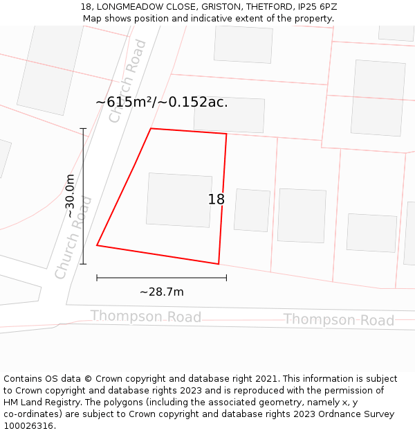 18, LONGMEADOW CLOSE, GRISTON, THETFORD, IP25 6PZ: Plot and title map