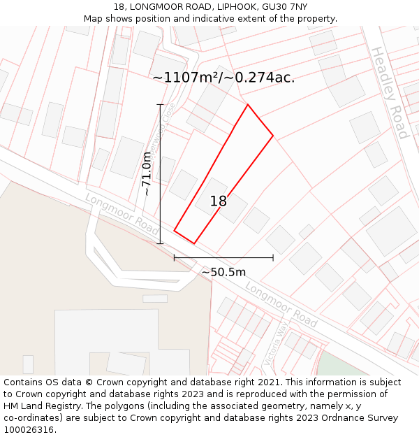 18, LONGMOOR ROAD, LIPHOOK, GU30 7NY: Plot and title map