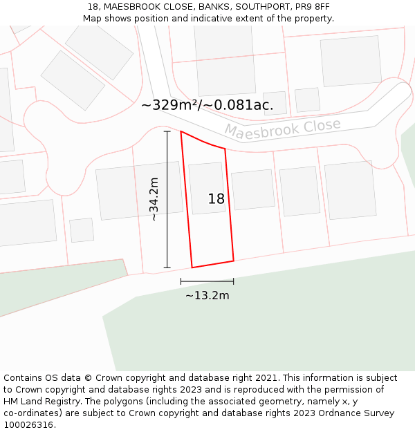 18, MAESBROOK CLOSE, BANKS, SOUTHPORT, PR9 8FF: Plot and title map