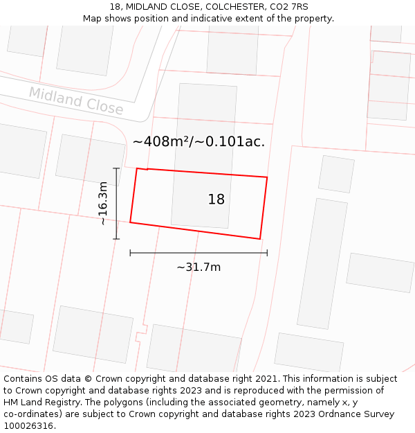 18, MIDLAND CLOSE, COLCHESTER, CO2 7RS: Plot and title map