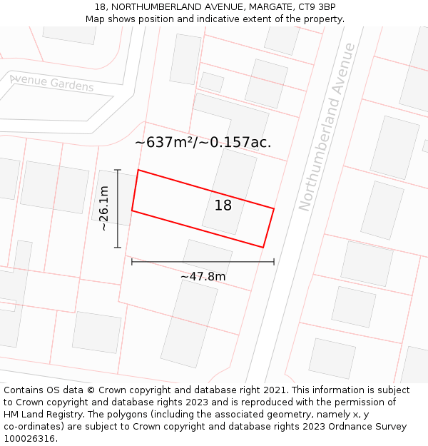 18, NORTHUMBERLAND AVENUE, MARGATE, CT9 3BP: Plot and title map