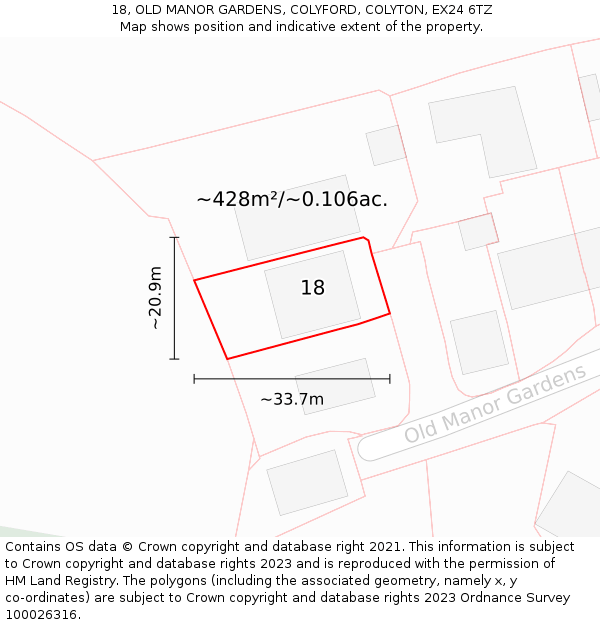 18, OLD MANOR GARDENS, COLYFORD, COLYTON, EX24 6TZ: Plot and title map