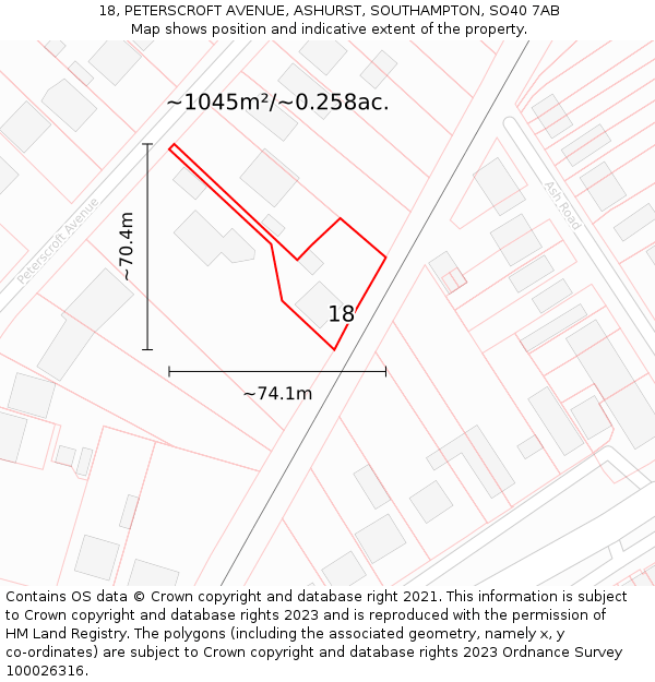 18, PETERSCROFT AVENUE, ASHURST, SOUTHAMPTON, SO40 7AB: Plot and title map