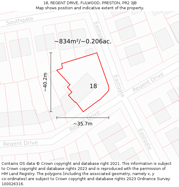 18, REGENT DRIVE, FULWOOD, PRESTON, PR2 3JB: Plot and title map