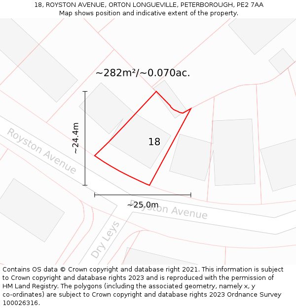 18, ROYSTON AVENUE, ORTON LONGUEVILLE, PETERBOROUGH, PE2 7AA: Plot and title map