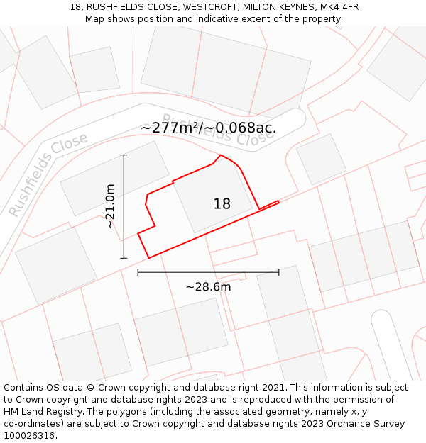 18, RUSHFIELDS CLOSE, WESTCROFT, MILTON KEYNES, MK4 4FR: Plot and title map