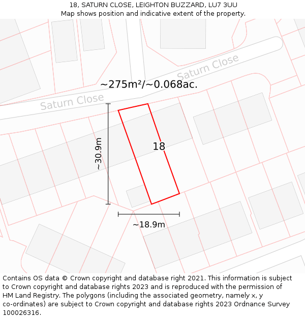 18, SATURN CLOSE, LEIGHTON BUZZARD, LU7 3UU: Plot and title map
