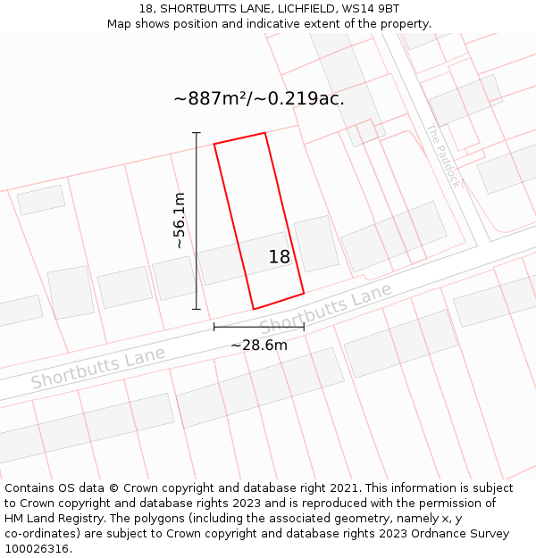 18, SHORTBUTTS LANE, LICHFIELD, WS14 9BT: Plot and title map