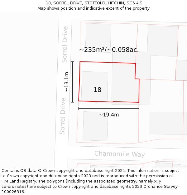 18, SORREL DRIVE, STOTFOLD, HITCHIN, SG5 4JS: Plot and title map