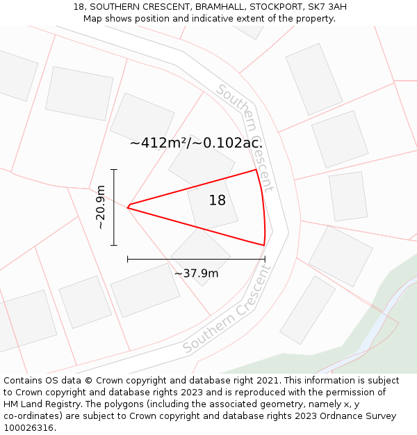 18, SOUTHERN CRESCENT, BRAMHALL, STOCKPORT, SK7 3AH: Plot and title map