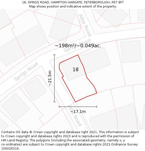 18, SPRIGS ROAD, HAMPTON HARGATE, PETERBOROUGH, PE7 8FT: Plot and title map