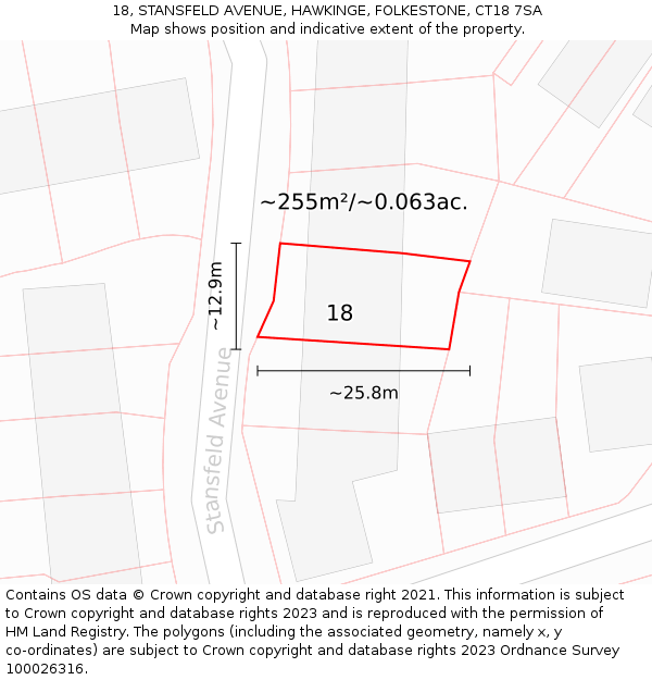 18, STANSFELD AVENUE, HAWKINGE, FOLKESTONE, CT18 7SA: Plot and title map