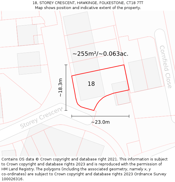 18, STOREY CRESCENT, HAWKINGE, FOLKESTONE, CT18 7TT: Plot and title map