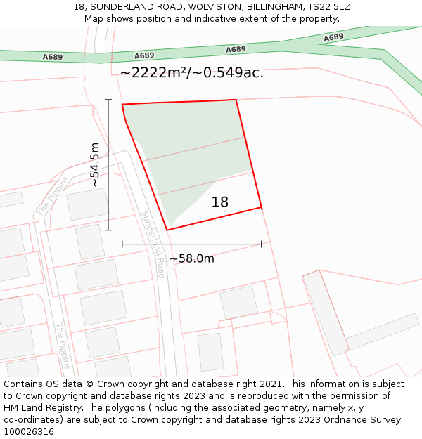 18, SUNDERLAND ROAD, WOLVISTON, BILLINGHAM, TS22 5LZ: Plot and title map