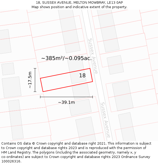 18, SUSSEX AVENUE, MELTON MOWBRAY, LE13 0AP: Plot and title map