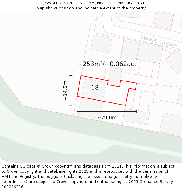 18, SWALE GROVE, BINGHAM, NOTTINGHAM, NG13 8YT: Plot and title map