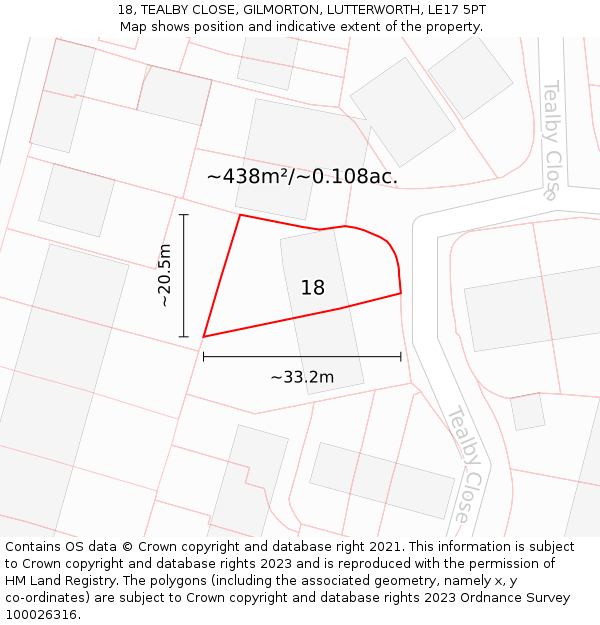 18, TEALBY CLOSE, GILMORTON, LUTTERWORTH, LE17 5PT: Plot and title map