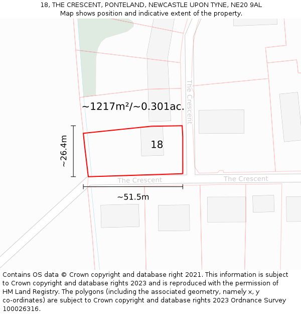 18, THE CRESCENT, PONTELAND, NEWCASTLE UPON TYNE, NE20 9AL: Plot and title map