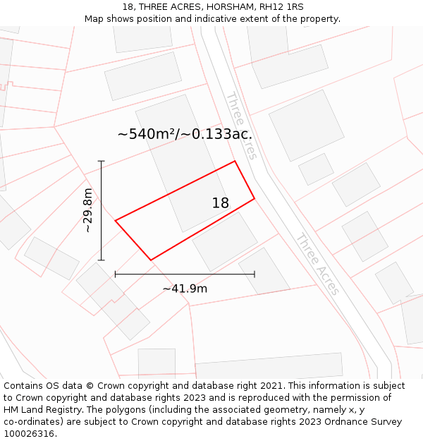 18, THREE ACRES, HORSHAM, RH12 1RS: Plot and title map