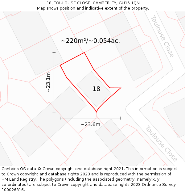 18, TOULOUSE CLOSE, CAMBERLEY, GU15 1QN: Plot and title map