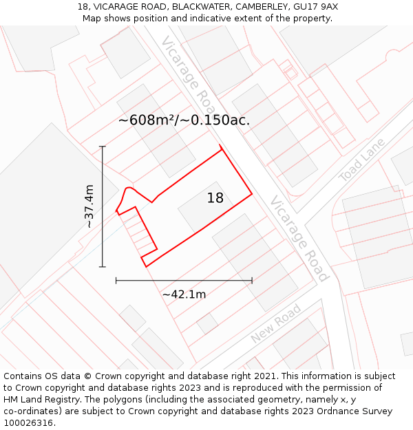 18, VICARAGE ROAD, BLACKWATER, CAMBERLEY, GU17 9AX: Plot and title map