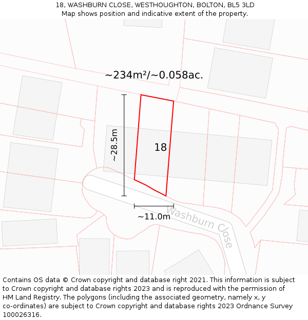 18, WASHBURN CLOSE, WESTHOUGHTON, BOLTON, BL5 3LD: Plot and title map