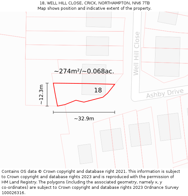 18, WELL HILL CLOSE, CRICK, NORTHAMPTON, NN6 7TB: Plot and title map