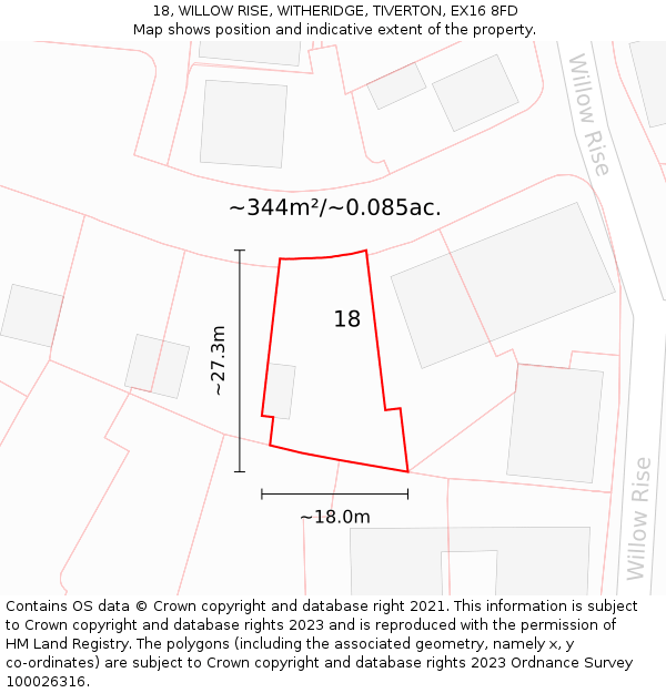 18, WILLOW RISE, WITHERIDGE, TIVERTON, EX16 8FD: Plot and title map