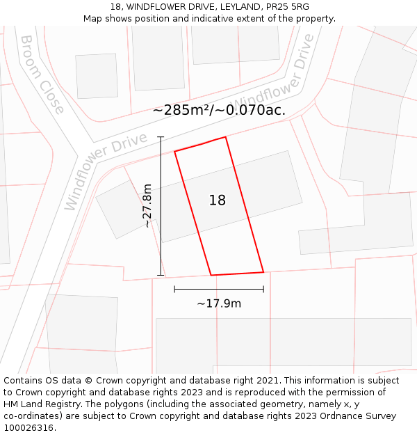 18, WINDFLOWER DRIVE, LEYLAND, PR25 5RG: Plot and title map