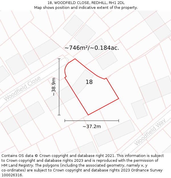 18, WOODFIELD CLOSE, REDHILL, RH1 2DL: Plot and title map