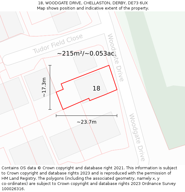 18, WOODGATE DRIVE, CHELLASTON, DERBY, DE73 6UX: Plot and title map