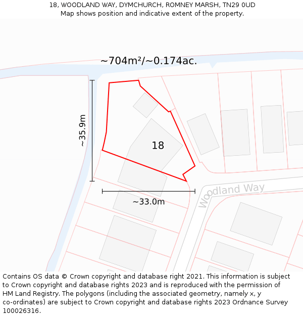 18, WOODLAND WAY, DYMCHURCH, ROMNEY MARSH, TN29 0UD: Plot and title map