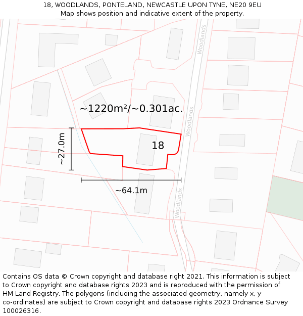 18, WOODLANDS, PONTELAND, NEWCASTLE UPON TYNE, NE20 9EU: Plot and title map