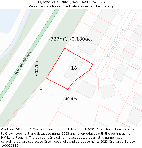 18, WOODSIDE DRIVE, SANDBACH, CW11 4JP: Plot and title map