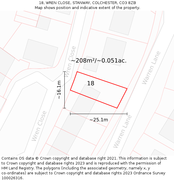 18, WREN CLOSE, STANWAY, COLCHESTER, CO3 8ZB: Plot and title map