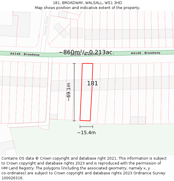 181, BROADWAY, WALSALL, WS1 3HD: Plot and title map