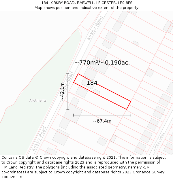 184, KIRKBY ROAD, BARWELL, LEICESTER, LE9 8FS: Plot and title map