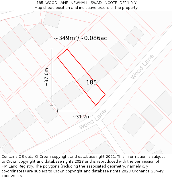 185, WOOD LANE, NEWHALL, SWADLINCOTE, DE11 0LY: Plot and title map