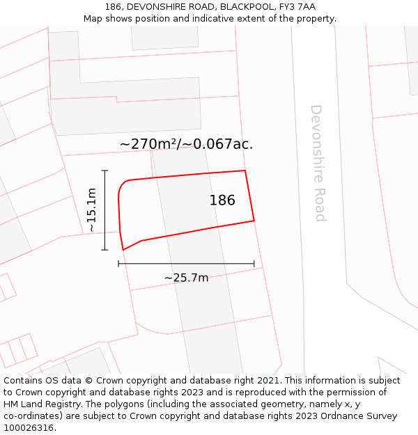 186, DEVONSHIRE ROAD, BLACKPOOL, FY3 7AA: Plot and title map